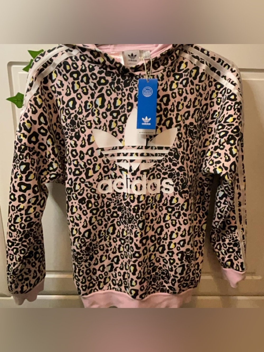 Adidas Pink Leopard Print Kids Hoodie with White Trefoil